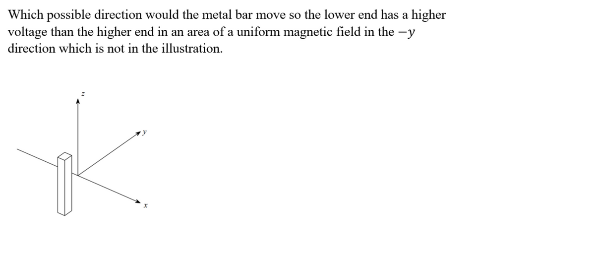 Which possible direction would the metal bar move so the lower end has a higher
voltage than the higher end in an area of a uniform magnetic field in the -y
direction which is not in the illustration.
