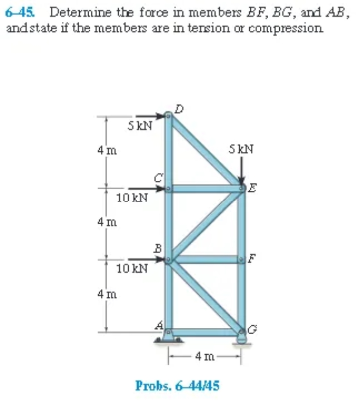 645. Determine the force in members BF, BG, and AB,
and state if the members are in tersion or compression
5KN
4 m
5 KN
E
10 kN
4 m
10 kN
4 m
-4 m
Probs. 6-44/45
