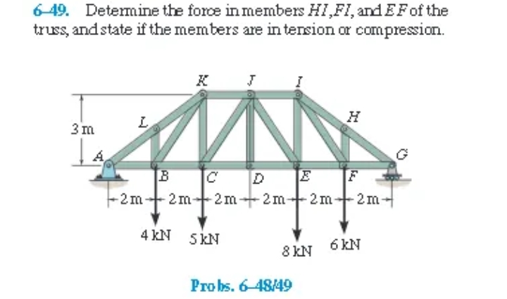 6-49. Determine the force in members HI,FI, and EFof the
truss, and state if the members are in tension or compression.
K
3m
L
B
D
F
-2m-2m-
-2m+2m-
2 m-
-2 m어
4 KN 5 KN
6 kN
8 kN
Probs. 6-48/49
