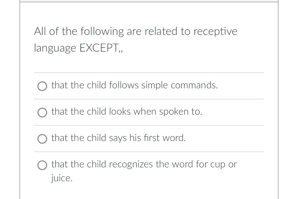All of the following are related to receptive
language EXCEPT,,
O that the child follows simple commands.
that the child looks when spoken to.
that the child says his first word.
O that the child recognizes the word for cup or
juice.