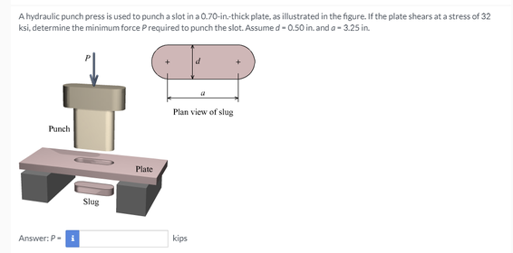 A hydraulic punch press is used to punch a slot in a 0.70-in-thick plate, as illustrated in the figure. If the plate shears at a stress of 32
ksi, determine the minimum force Prequired to punch the slot. Assume d - 0.50 in. and a - 3.25 in.
Plan view of slug
Punch
Plate
Slug
Answer: P-
kips
