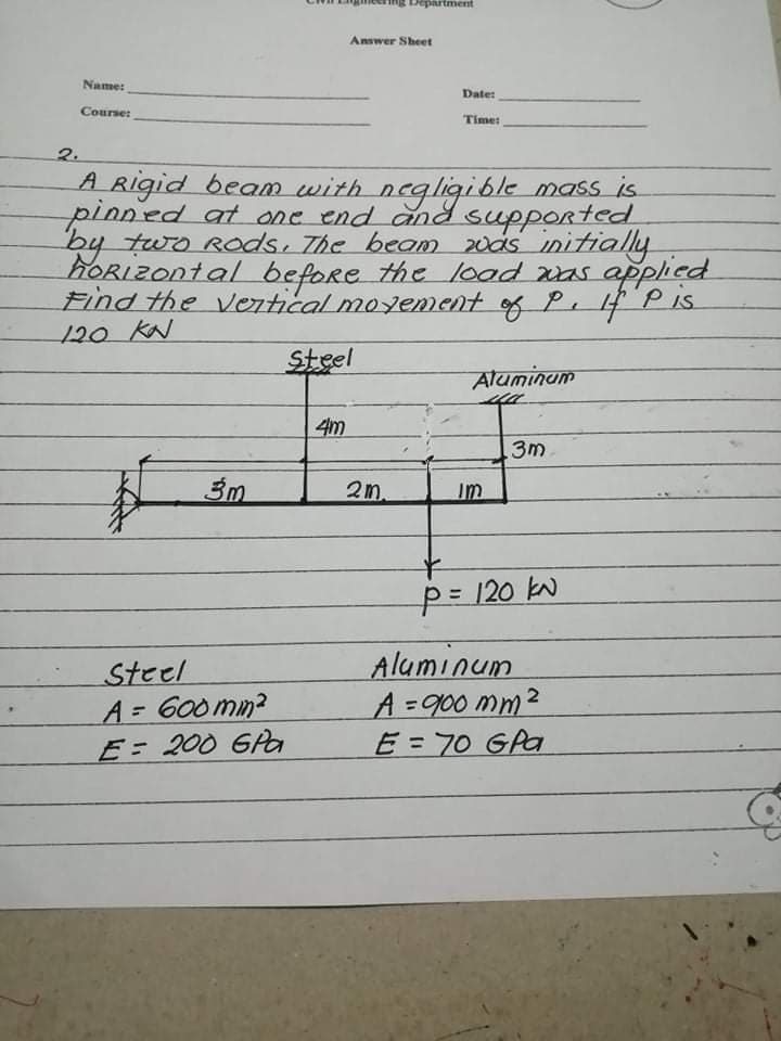 Department
Answer Sheet
Name:
Date:
Course:
Time:
2.
A Rigid beam with negligqible mass is
pinned at one end and supported
by two ROds, The beam 20as initially
hORIZOntal before the load as appied
Find the ertical moyement of P 4 PIS
120 KN
Pis
Steel
Atuminum
4m
3m
3m
2m.
im
p=120 kN
Alumınum
A=900 mm²
E = 70 GPa
Steel
A= 600mm?
E 200 GPa
