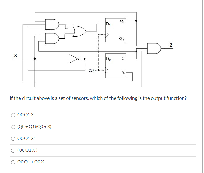 D1
Q1
Do
Qo
CLK-
Qo
If the circuit above is a set of sensors, which of the following is the output function?
O QOQ1X
O (Q0 + Q1)(Q0 +X)
QO Q1X'
O (QO Q1X')
O QOQ1+ Q0X

