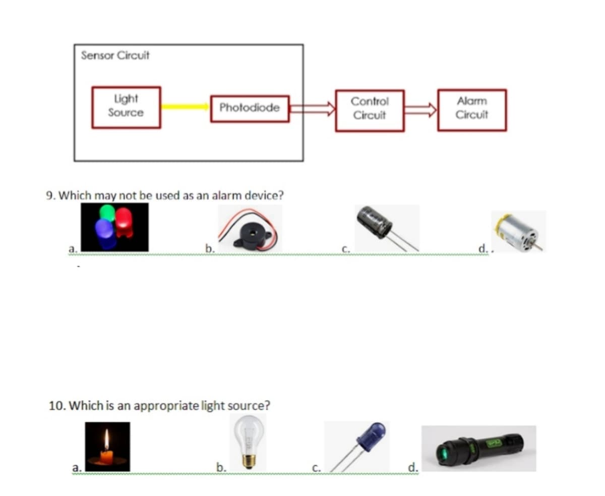 Sensor Circuit
Light
Source
Control
Alarm
Photodiode
Circuit
Circuit
9. Which may not be used as an alarm device?
a.
b.
d.
10. Which is an appropriate light source?
a.
b.
d.
