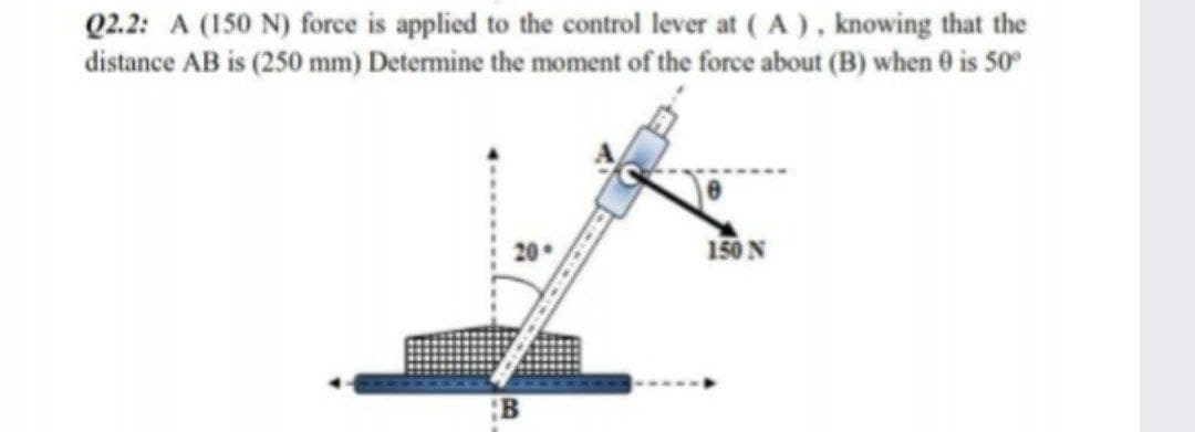 Q2.2: A (150 N) force is applied to the control lever at ( A ), knowing that the
distance AB is (250 mm) Determine the moment of the force about (B) when 0 is 50°
150 N
:B
