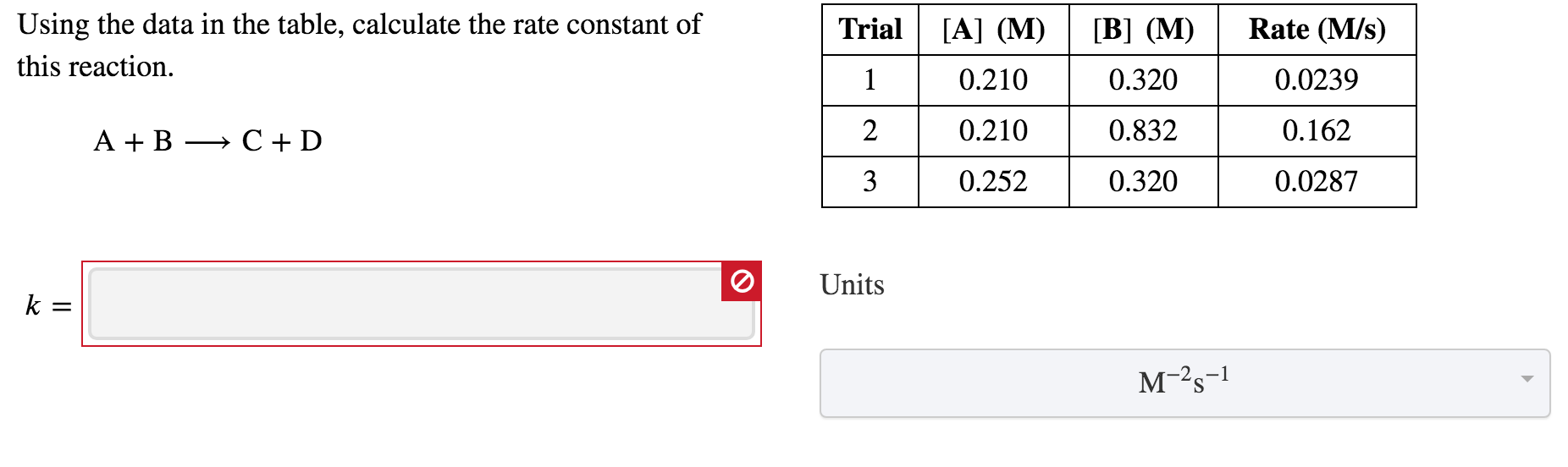 Using the data in the table, calculate the rate constant of
Trial
[A] (M)
[B] (M)
Rate (M/s)
this reaction.
0.210
0.320
0.0239
A + B → C + D
2
0.210
0.832
0.162
3
0.252
0.320
0.0287
Units
k =
м-2s-1
