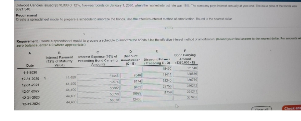 Colwood Candies issued $370,000 of 12% , five-year bonds on January 1, 2020, when the market interest rate was 16%. The company pays interest annually at year-end. The issue price of the bonds was
$321,540.
Requirement
Create a spreadsheet model to prepare a schedule to amortize the bonds. Use the effective-interest method of amortization. Round to the nearest dollar.
Requirement. Create a spreadsheet model to prepare a schedule to amortize the bonds. Use the effective-interest method of amortization (Round your final answer to the nearest dollar. For amounts with
zero balance, enter a 0 where appropriate.)
A
Date
1-1-2020
12-31-2020
12-31-2021
12-31-2022
12-31-2023
12-31-2024
C
Interest Payment Interest Expense (16% of
(12% of Maturity Preceding Bond Carrying
Amount)
Value)
B
S
44,400
44.400
44,400
44,400
44,400
51446
52574
53882
55399
56838
D
Discount
Amortization
(C-B)
7046
8174
9482
10999
12438
E
Discount Balance
(Preceding E-D)
48460
41414
33240
22758
11759
F
Bond Carrying
Amount
($370,000-E)
D
321540
328586
-336760
346242
355243
367682
Clear all
Check ansa