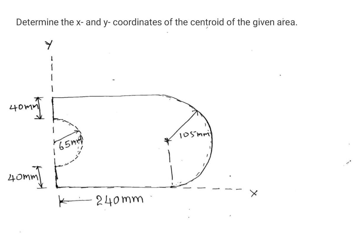 Determine the x- and y- coordinates of the centroid of the given area.
65m4
10smmi
240mm
