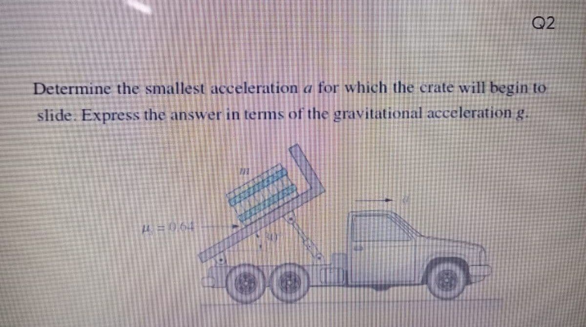 Q2
Determine the smallest acceleration a for which the crate will begin to
slide. Express the answer in terms of the gravitational accelerationg.
