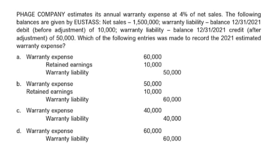 PHAGE COMPANY estimates its annual warranty expense at 4% of net sales. The following
balances are given by EUSTASS: Net sales – 1,500,000; warranty liability – balance 12/31/2021
debit (before adjustment) of 10,000; warranty liability - balance 12/31/2021 credit (after
adjustment) of 50,000. Which of the following entries was made to record the 2021 estimated
warranty expense?
a. Warranty expense
60,000
10,000
Retained earnings
Warranty liability
50,000
b. Warranty expense
Retained earnings
Warranty liability
50,000
10,000
60,000
c. Warranty expense
Warranty liability
40,000
40,000
d. Warranty expense
Warranty liability
60,000
60,000
