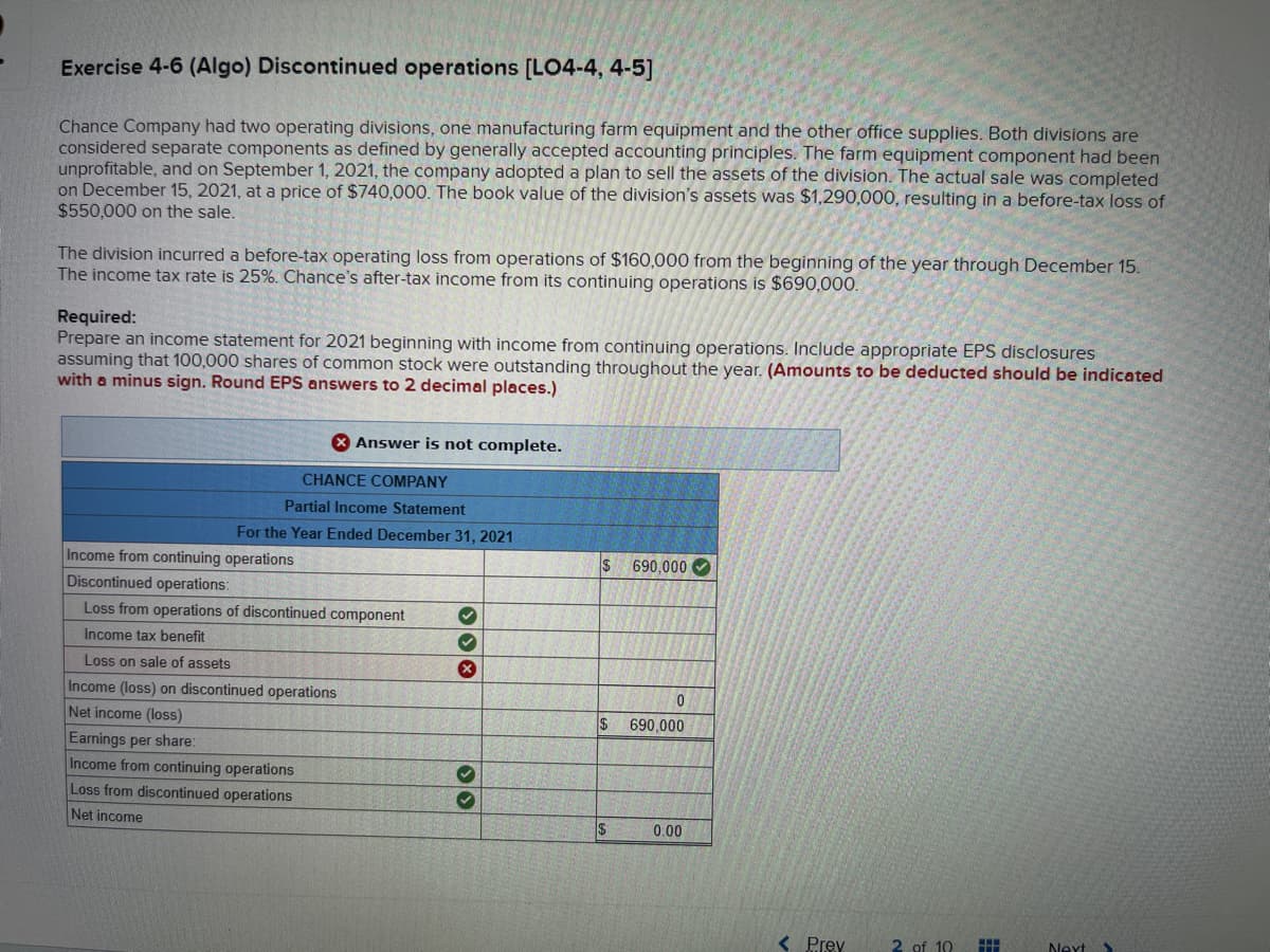 Exercise 4-6 (Algo) Discontinued operations [LO4-4, 4-5]
Chance Company had two operating divisions, one manufacturing farm equipment and the other office supplies. Both divisions are
considered separate components as defined by generally accepted accounting principles. The farm equipment component had been
unprofitable, and on September 1, 2021, the company adopted a plan to sell the assets of the division. The actual sale was completed
on December 15, 2021, at a price of $740,000. The book value of the division's assets was $1,290,000, resulting in a before-tax loss of
$550,000 on the sale.
The division incurred a before-tax operating loss from operations of $160,000 from the beginning of the year through December 15.
The income tax rate is 25%. Chance's after-tax income from its continuing operations is $690,000.
Required:
Prepare an income statement for 2021 beginning with income from continuing operations. Include appropriate EPS disclosures
assuming that 100,000 shares of common stock were outstanding throughout the year. (Amounts to be deducted should be indicated
with a minus sign. Round EPS answers to 2 decimal places.)
Answer is not complete.
CHANCE COMPANY
Partial Income Statement
For the Year Ended December 31, 2021
Income from continuing operations
Discontinued operations:
Loss from operations of discontinued component
Income tax benefit
Loss on sale of assets
Income (loss) on discontinued operations
Net income (loss)
Earnings per share:
Income from continuing operations
Loss from discontinued operations
Net income
✔
✓
x
$ 690,000
$
$
0
690,000
0.00
< Prev
2 of 10
H
Next