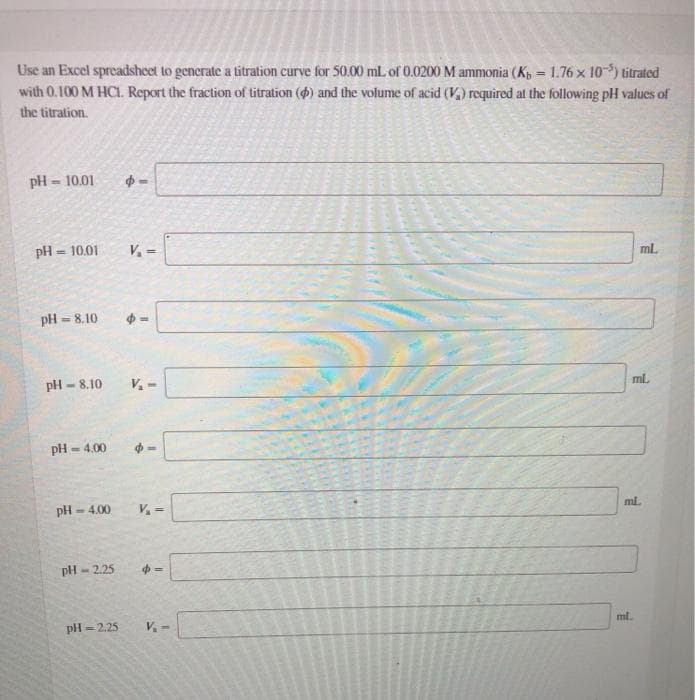 Use an Excel spreadsheet to generate a titration curve for 50.00 mL of 0.0200 M ammonia (K = 1.76 x 10) titrated
with 0.100 M HCI. Report the fraction of titration (4) and the volume of acid (V,) required at the following pH values of
%3D
the titration.
pH = 10.01
pH = 10.01
%3!
ml.
pH = 8.10
%3D
pH – 8.10
V. -
ml.
pH = 4.00
%3D
pH - 4.00
V =
ml.
pH - 225
pH
= 2.25
V.-
ml.
