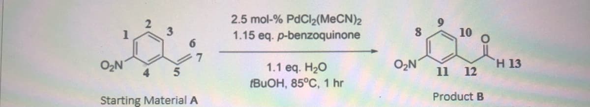 2.5 mol-% PdCl2(MECN)2
1.15 eq. p-benzoquinone
10
O2N
O2N
H 13
1.1 eq. H20
(BUOH, 85°C, 1 hr
4 5
11 12
Product B
Starting Material A
00
3.
