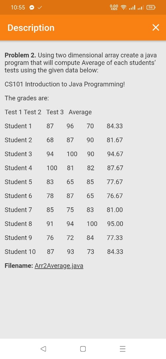 10:55
Description
Problem 2. Using two dimensional array create a java
program that will compute Average of each students'
tests using the given data below:
CS101 Introduction to Java Programming!
The grades are:
Test 1 Test 2 Test 3 Average
Student 1
87
96
70
84.33
Student 2
68
87
90
81.67
Student 3
94
100
90
94.67
Student 4
100
81
82
87.67
Student 5
83
65
85
77.67
Student 6
78
87
65
76.67
Student 7
85
75
83
81.00
Student 8
91
94
100
95.00
Student 9
76
72
84
77.33
Student 10
87
93
73
84.33
Filename: Arr2Average.java
