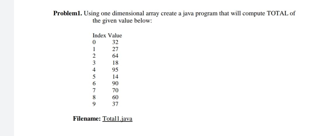 Problem1. Using one dimensional array create a java program that will compute TOTAL of
the given value below:
Index Value
32
1
27
2
64
3
18
4
95
14
6.
90
7
70
60
9.
37
Filename: Total1.java
