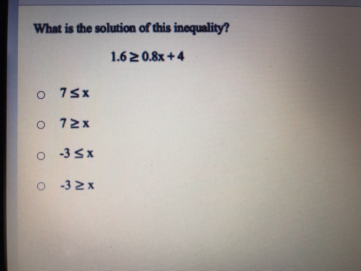 What is the solution of this inequality?
1.6 2 0.8x +4
75x
72x
-3 <x
-32 X
