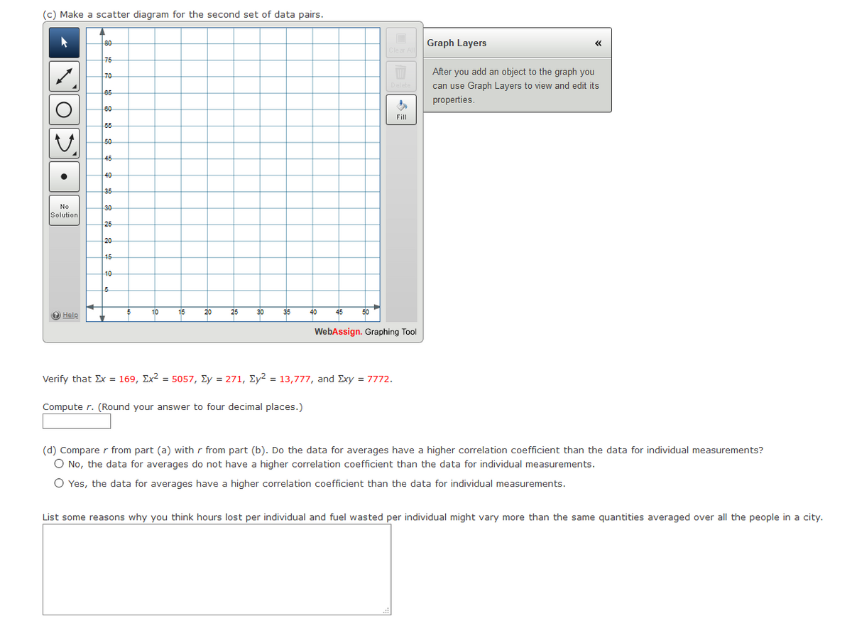 (c) Make a scatter diagram for the second set of data pairs.
Graph Layers
80
ClearA
75
After you add an object to the graph you
70
can use Graph Layers to view and edit its
85
properties.
80
Fill
55
50
45
40
36
No
30
Solution
25
20
15
10
10
15
20
25
30
35
40
45
50
WebAssign. Graphing Tool
Verify that Ex = 169, Ex2 = 5057, Ey = 271, Ey? = 13,777, and Exy = 7772.
Compute r. (Round your answer to four decimal places.)
(d) Compare r from part (a) with r from part (b). Do the data for averages have a higher correlation coefficient than the data for individual measurements?
O No, the data for averages do not have a higher correlation coefficient than the data for individual measurements.
O Yes, the data for averages have a higher correlation coefficient than the data for individual measurements.
List some reasons why you think hours lost per individual and fuel wasted per individual might vary more than the same quantities averaged over all the people in a city.
