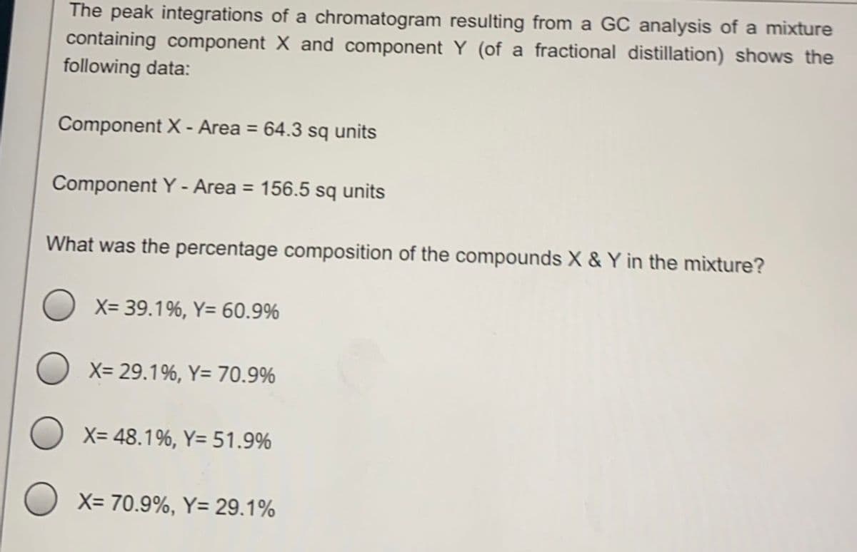 The peak integrations of a chromatogram resulting from a GC analysis of a mixture
containing component X and component Y (of a fractional distillation) shows the
following data:
Component X - Area = 64.3 sq units
Component Y - Area = 156.5 sq units
What was the percentage composition of the compounds X & Y in the mixture?
X= 39.1%, Y= 60.9%
X= 29.1%, Y= 70.9%
X= 48.1%, Y= 51.9%
X= 70.9%, Y= 29.1%
