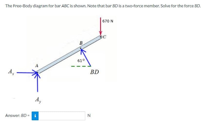 The Free-Body diagram for bar ABC is shown. Note that bar BD is a two-force member. Solve for the force BD.
A
X
Answer: BD = i
B
610
BD
N
670 N
C