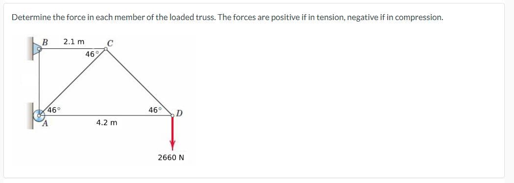 Determine the force in each member of the loaded truss. The forces are positive if in tension, negative if in compression.
B
46°
2.1 m
C
46
1
46° D
4.2 m
2660 N