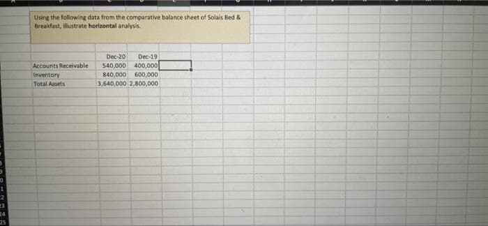 Using the following data from the comparative balance sheet of Solais Bed &
Breakfast, Illustrate horizontal analysis.
Dec-20
Dec-19
540,000 400,000
Accounts Receivable
Inventory
Total Assets
840,000 600,000
3,640,000 2,800,000
3
24
