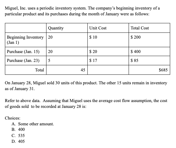 Miguel, Inc. uses a periodic inventory system. The company's beginning inventory of a
particular product and its purchases during the month of January were as follows:
Quantity
Unit Cost
Total Cost
Beginning Inventory 20
(Jan 1)
$ 10
$ 200
Purchase (Jan. 15)
20
$ 20
$ 400
Purchase (Jan. 23)
5
$ 17
$ 85
Total
45
$685
On January 28, Miguel sold 30 units of this product. The other 15 units remain in inventory
as of January 31.
Refer to above data. Assuming that Miguel uses the average cost flow assumption, the cost
of goods sold to be recorded at January 28 is:
Choices:
A. Some other amount.
В. 400
С. 535
D. 405
