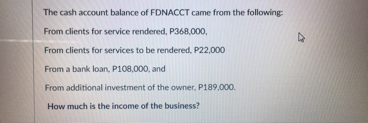 The cash account balance of FDNACCT came from the following:
From clients for service rendered, P368,000,
From clients for services to be rendered, P22,000
From a bank loan, P108,000, and
From additional investment of the owner, P189,000.
How much is the income of the business?
