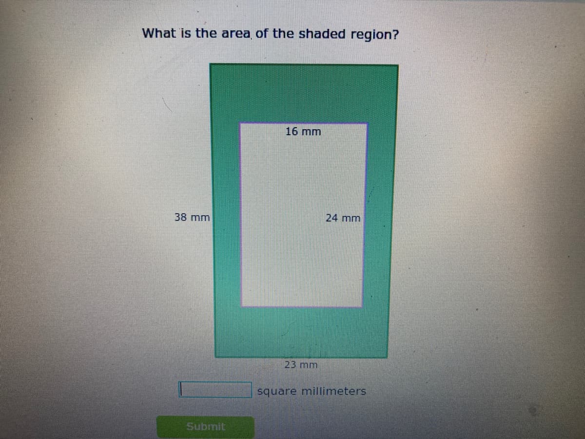 What is the area of the shaded region?
16 mm
38 mm
24 mm
23 mm
square millimeters
Submit
