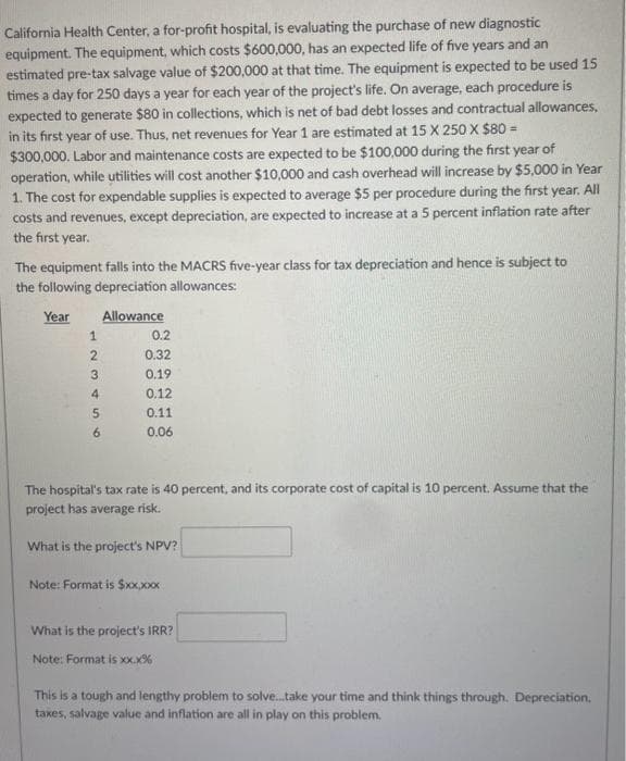 California Health Center, a for-profit hospital, is evaluating the purchase of new diagnostic
equipment. The equipment, which costs $600,000, has an expected life of five years and an
estimated pre-tax salvage value of $200,000 at that time. The equipment is expected to be used 15
times a day for 250 days a year for each year of the project's life. On average, each procedure is
expected to generate $80 in collections, which is net of bad debt losses and contractual allowances,
in its first year of use. Thus, net revenues for Year 1 are estimated at 15 X 250 X $80 =
$300,000. Labor and maintenance costs are expected to be $100,000 during the first year of
operation, while utilities will cost another $10,000 and cash overhead will increase by $5,000 in Year
1. The cost for expendable supplies is expected to average $5 per procedure during the first year. All
costs and revenues, except depreciation, are expected to increase at a 5 percent inflation rate after
the first year.
The equipment falls into the MACRS five-year class for tax depreciation and hence is subject to
the following depreciation allowances:
Year
Allowance
1
2
3
4
5
6
0.2
0.32
0.19
0.12
0.11
0.06
The hospital's tax rate is 40 percent, and its corporate cost of capital is 10 percent. Assume that the
project has average risk.
What is the project's NPV?
Note: Format is $xx,xxx
What is the project's IRR?
Note: Format is xx.x%
This is a tough and lengthy problem to solve...take your time and think things through. Depreciation.
taxes, salvage value and inflation are all in play on this problem.