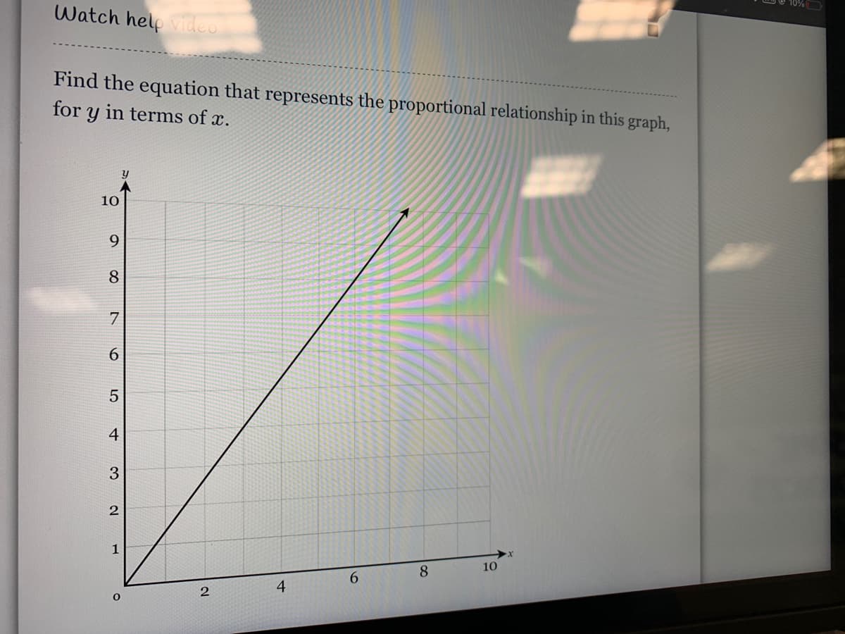Watch help video
Find the equation that represents the proportional relationship in this graph,
for y in terms of x.
10
9.
8
7
6.
4
1
10
6.
8.
4
2
3.
