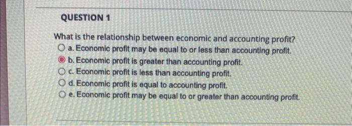 QUESTION 1
What is the relationship between economic and accounting profit?
O a. Economic profit may be equal to or less than accounting profit.
b. Economic profit is greater than accounting profit.
O c. Economic profit is less than accounting profit.
O d. Economic profit is equal to accounting profit.
Oe. Economic profit may be equal to or greater than accounting profit.