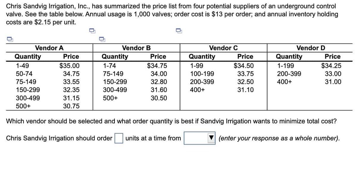 Chris Sandvig Irrigation, Inc., has summarized the price list from four potential suppliers of an underground control
valve. See the table below. Annual usage is 1,000 valves; order cost is $13 per order; and annual inventory holding
costs are $2.15 per unit.
Vendor A
Vendor B
Vendor C
Vendor D
Quantity
Price
Quantity
Price
Quantity
Price
Quantity
Price
1-49
$35.00
1-74
$34.75
1-99
$34.50
1-199
$34.25
50-74
34.75
75-149
34.00
100-199
33.75
200-399
33.00
75-149
33.55
150-299
32.80
200-399
32.50
400+
31.00
150-299
32.35
300-499
31.60
400+
31.10
300-499
31.15
500+
30.50
500+
30.75
Which vendor should be selected and what order quantity is best if Sandvig Irrigation wants to minimize total cost?
Chris Sandvig Irrigation should order
units at a time from
(enter your response as a whole number).
