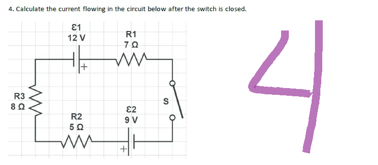 4. Calculate the current flowing in the circuit below after the switch is closed.
81
R1
12 V
70
m
€2
OV
R3
80
ww
+
R2
50
m +
S
0
니