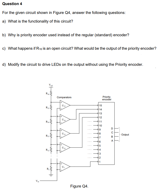 Question 4
For the given circuit shown in Figure Q4, answer the following questions:
a) What is the functionality of this circuit?
b) Why is priority encoder used instead of the regular (standard) encoder?
c) What happens if R16 is an open circuit? What would be the output of the priority encoder?
d) Modify the circuit to drive LEDS on the output without using the Priority encoder.
Comparators
Priority
encoder
Uis
15
14
13
12
11
10
8
Output
R13
B
A
...
3
2
Figure Q4.
ww
ww
