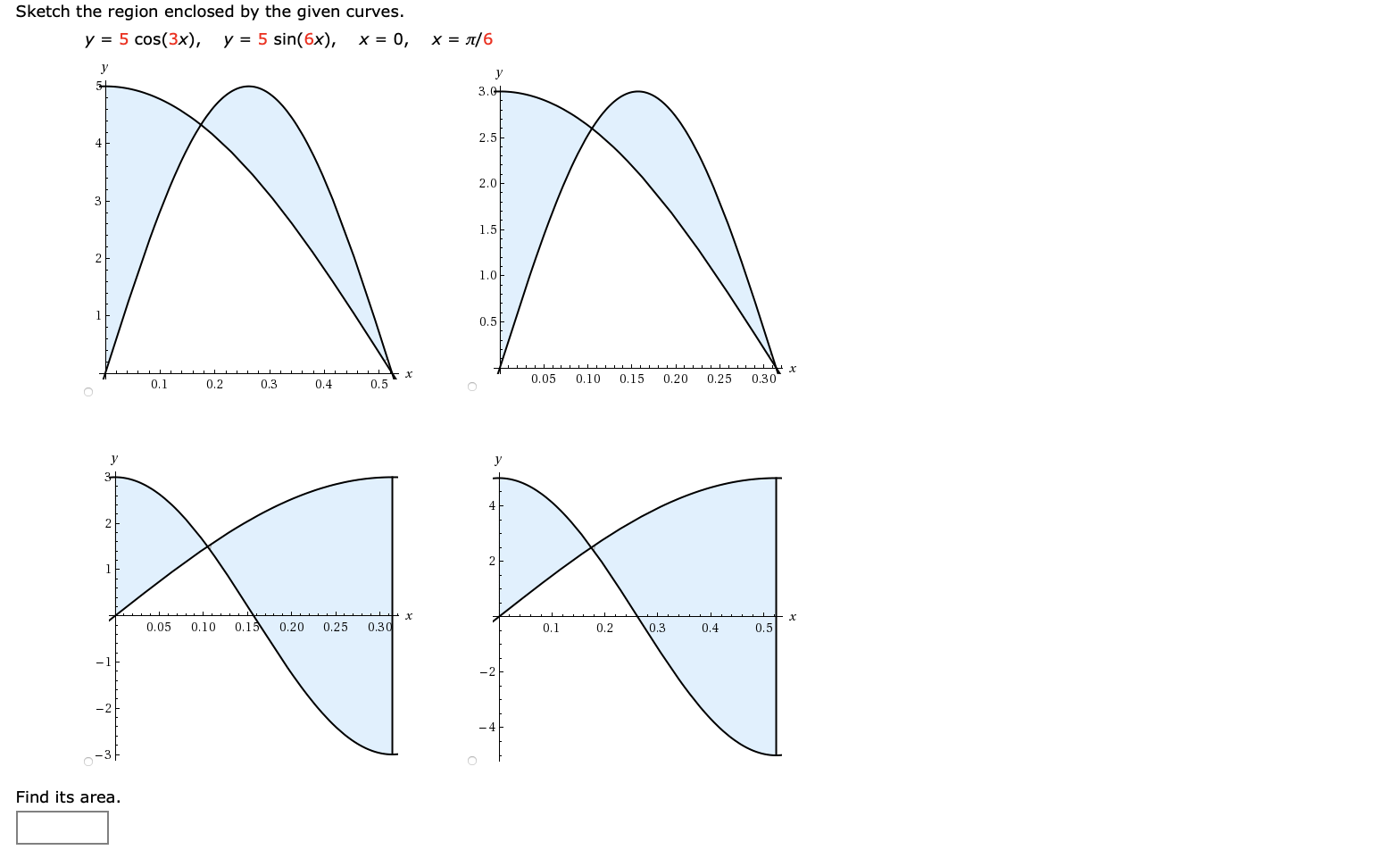 Sketch the region enclosed by the given curves.
y = 5 cos(3x), y = 5 sin(6x),
х%3D 0,
x = T/6
y
y
5t
3.0+
2.5
2.0
1.5
1.0
0.5F
0.1
0.05
0.10
0.15
0.20
0.25
0.30
0.2
0.3
0.4
0.5
2.
