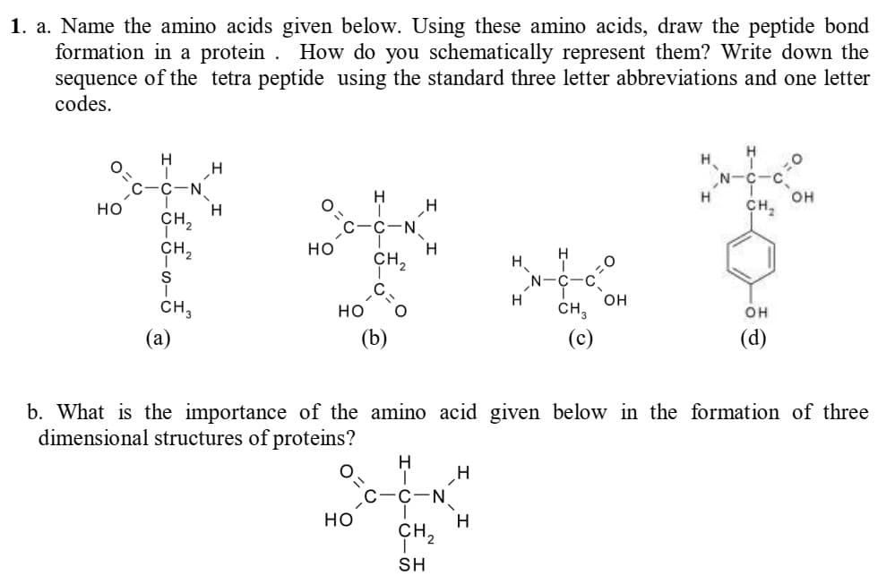 1. a. Name the amino acids given below. Using these amino acids, draw the peptide bond
formation in a protein . How do you schematically represent them? Write down the
sequence of the tetra peptide using the standard three letter abbreviations and one letter
codes.
N-C-C
N.
H
OH
CH,
но
CH,
C-N.
CH,
но
CH,
H.
CH3
он
CH,
но
OH
(a)
(b)
(c)
(d)
b. What is the importance of the amino acid given below in the formation of three
dimensional structures of proteins?
H
C
C-N
но
H
CH
SH
