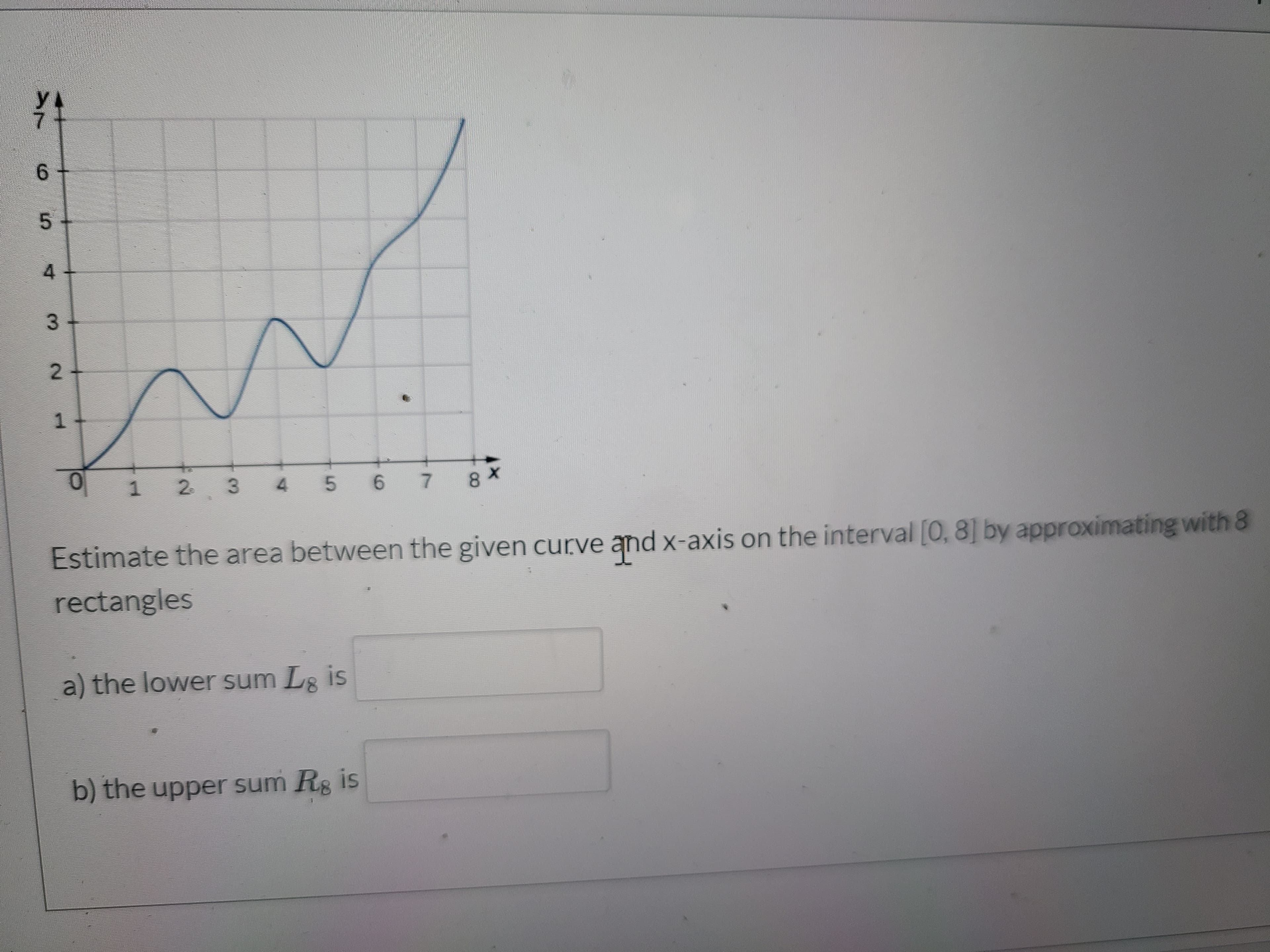 1 2
3 4
6.
stimate the area between the given curve and x-axis on the interval [0, 8] by approximating with 8
rectangles
00
