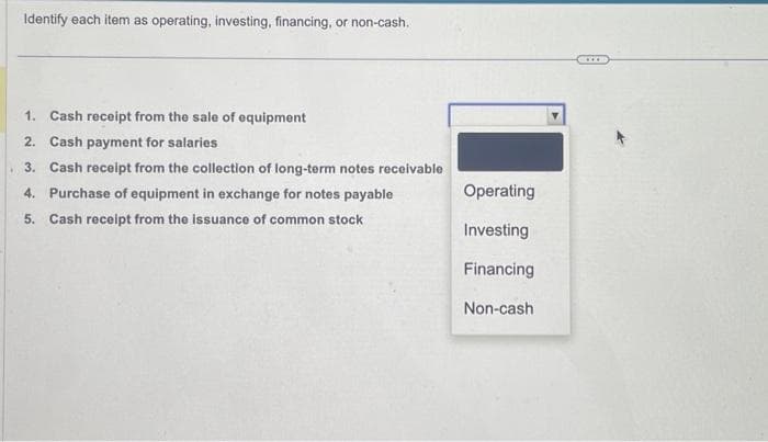 Identify each item as operating, investing, financing, or non-cash.
1. Cash receipt from the sale of equipment
2. Cash payment for salaries
3. Cash receipt from the collection of long-term notes receivable
4. Purchase of equipment in exchange for notes payable
5. Cash receipt from the issuance of common stock
Operating
Investing
Financing
Non-cash