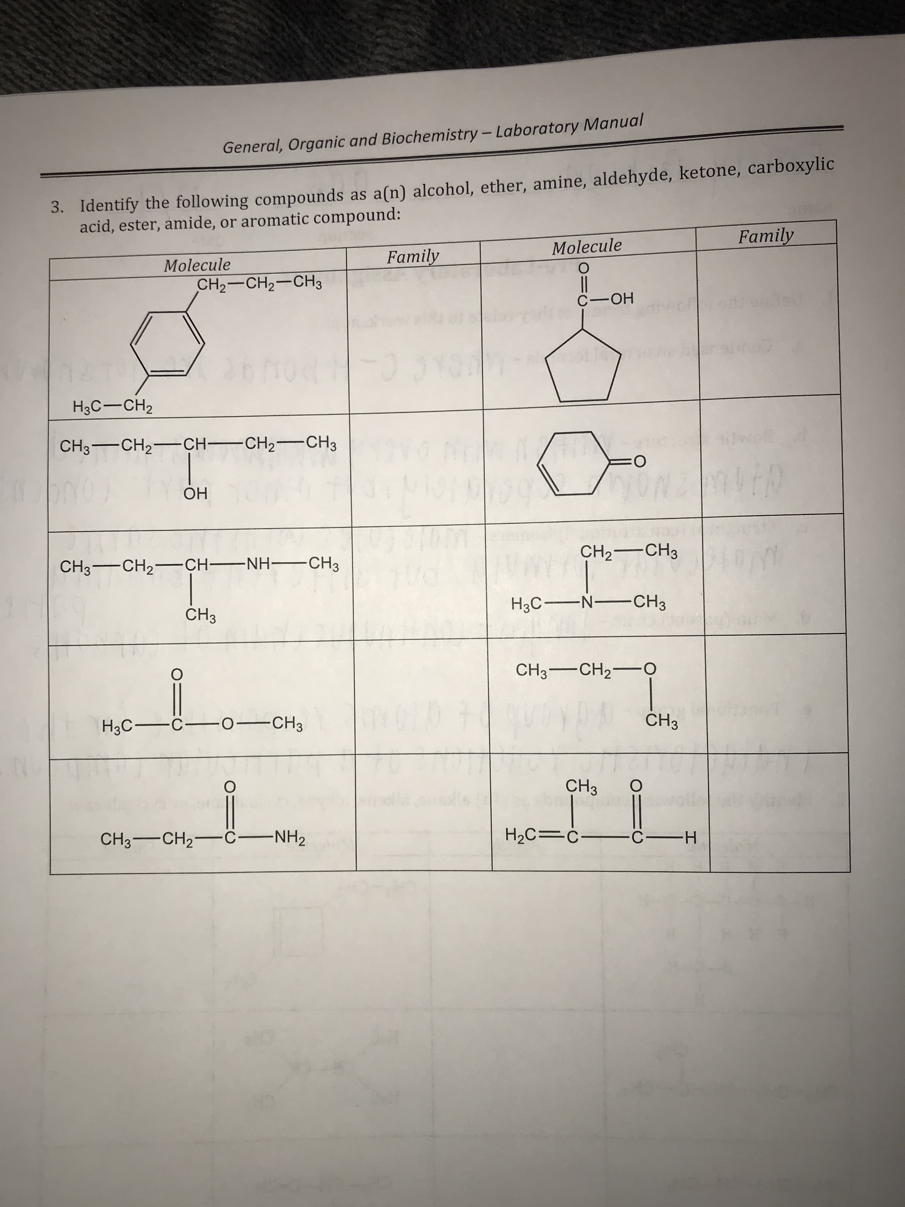 General, Organic and Biochem istry - Laboratory Manual
3. Identify the following compounds as a(n) alcohol, ether, amine, aldehyde, ketone, carboxylic
acid, ester, amide, or aromatic compound:
Family
Molecule
Family
Molecule
О
CHа—CH2—CHз
С —ОН
2 O
1 Io
107
Hас — сН2
CH3 CH2CH-CH2-- CH3
10 N
=O
VVNZMIED
ОН
CH2CH3
Om
CH3 CH2-CH-NH CH3
H3C N CH3
CH3
CH3CH2 o
0410
H3C-C O CH3
CH3
о
CH3
CH3 CH2 CNH2
H2C C CH
