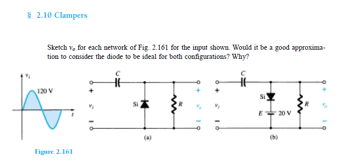 § 2.10 Clampers
Sketch v, for each network of Fig. 2.161 for the input shown. Would it be a good approxima-
tion to consider the diode to be ideal for both configurations? Why?
120 V
Si
-20 V
(a)
(b)
Figure 2.161
