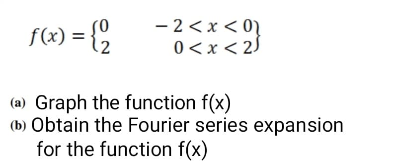 f(«) = {.
- 2<x < 01
0 <x < 2)
(a) Graph the function f(x)
(b) Obtain the Fourier series expansion
for the function f(x)
