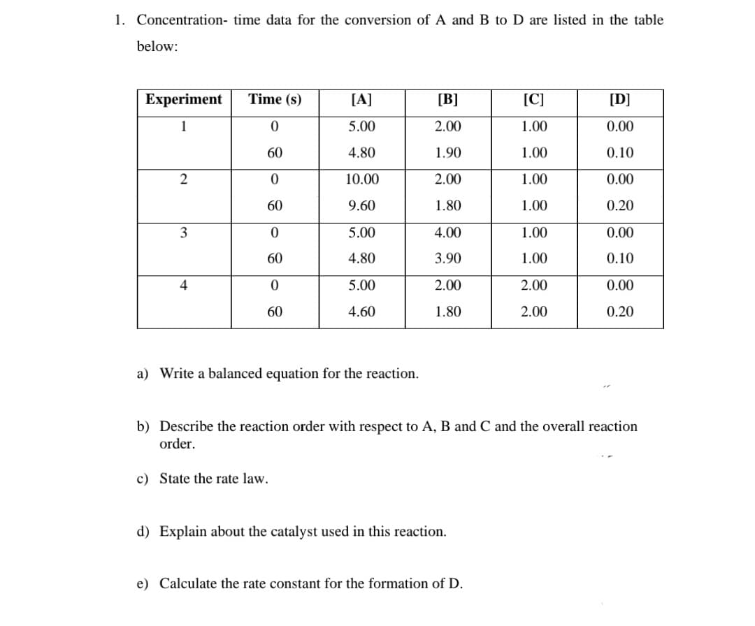 1. Concentration- time data for the conversion of A and B to D are listed in the table
below:
Experiment
Time (s)
[A]
[B]
[C]
[D]
1
5.00
2.00
1.00
0.00
60
4.80
1.90
1.00
0.10
2
10.00
2.00
1.00
0.00
60
9.60
1.80
1.00
0.20
5.00
4.00
1.00
0.00
60
4.80
3.90
1.00
0.10
5.00
2.00
2.00
0.00
60
4.60
1.80
2.00
0.20
a) Write a balanced equation for the reaction.
b) Describe the reaction order with respect to A, B and C and the overall reaction
order.
c) State the rate law.
d) Explain about the catalyst used in this reaction.
e) Calculate the rate constant for the formation of D.

