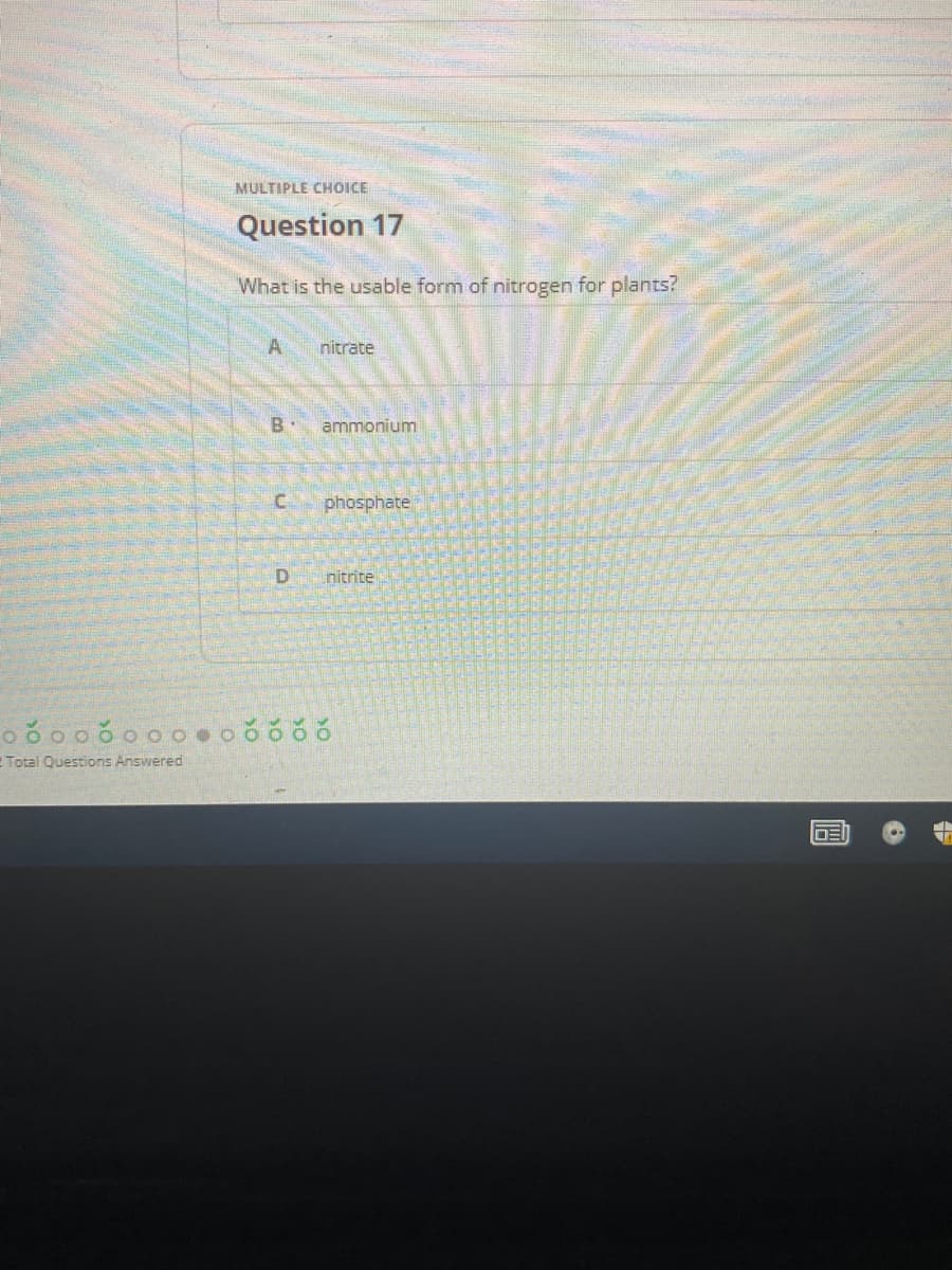 MULTIPLE CHOICE
Question 17
What is the usable form of nitrogen for plants?
nitrate
B.
ammonium
phosphate
nitrite
Total Questions Answered
