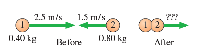???
1.5 m/s
(2)
2.5 m/s
(1 2
0.40 kg
Before
0.80 kg
After
