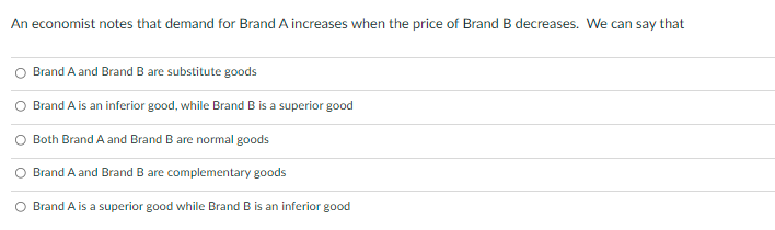 An economist notes that demand for Brand A increases when the price of Brand B decreases. We can say that
Brand A and Brand B are substitute goods
Brand A is an inferior good, while Brand B is a superior good
Both Brand A and Brand B are normal goods
O Brand A and Brand B are complementary goods
O Brand A is a superior good while Brand B is an inferior good
