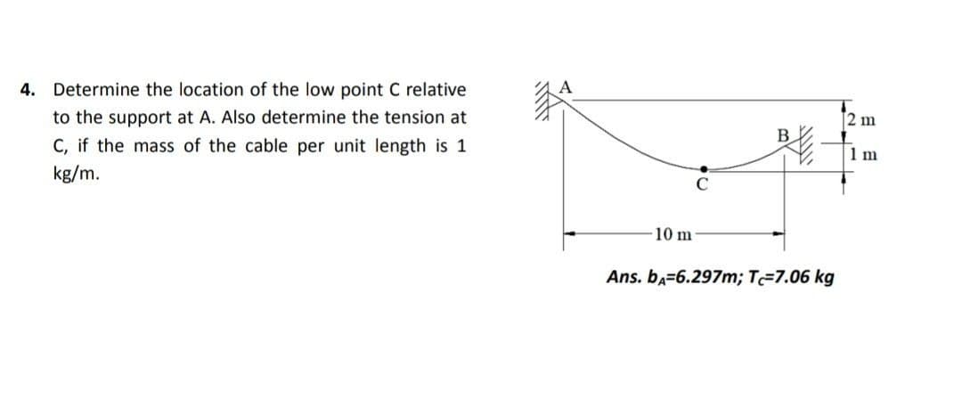 4. Determine the location of the low point C relative
to the support at A. Also determine the tension at
C, if the mass of the cable per unit length is 1
kg/m.
B
-10 m
Ans. bA=6.297m; T-7.06 kg
C
2 m
1 m