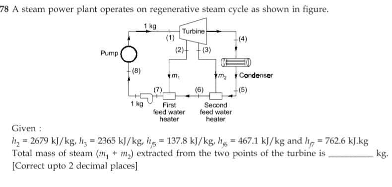 78 A steam power plant operates on regenerative steam cycle as shown in figure.
1 kg
Pump
(8)
1 kg
(1)
Turbine
(2)+
m₁
First
feed water
heater
(3)
(6)
m₂
Second
feed water
heater
-(4)
Condenser
+(5)
Given :
h₂ = 2679 kJ/kg, h3 = 2365 kJ/kg, h = 137.8 kJ/kg, h = 467.1 kJ/kg and h = 762.6 kJ.kg
Total mass of steam (m, + m₂) extracted from the two points of the turbine is
kg.
[Correct upto 2 decimal places]