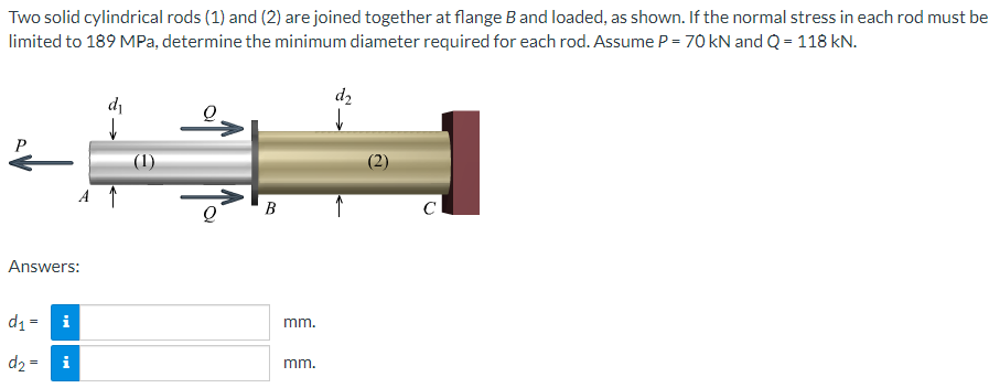 Two solid cylindrical rods (1) and (2) are joined together at flange B and loaded, as shown. If the normal stress in each rod must be
limited to 189 MPa, determine the minimum diameter required for each rod. Assume P = 70 kN and Q = 118 kN.
d2
di
B
Answers:
d1 = i
mm.
d2 =
i
mm.
