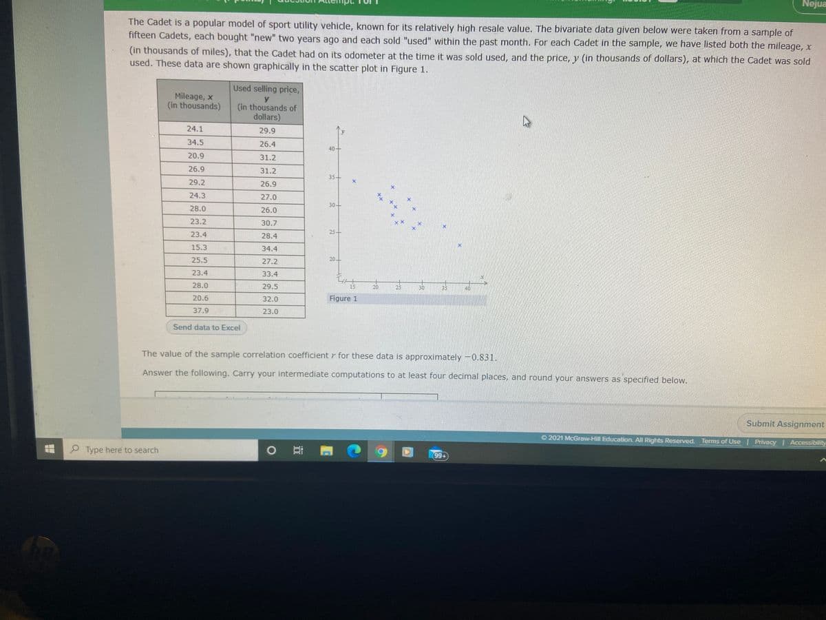 Nejua
The Cadet is a popular model of sport utility vehicle, known for its relatively high resale value. The bivariate data given below were taken from a sample of
fifteen Cadets, each bought "new" two years ago and each sold "used" within the past month. For each Cadet in the sample, we have listed both the mileage, x
(in thousands of miles), that the Cadet had on its odometer at the time it was sold used, and the price, y (in thousands of dollars), at which the Cadet was sold
used. These data are shown graphically in the scatter plot in Figure 1.
Used selling price,
Mileage, x
(in thousands)
y
(in thousands of
dollars)
24.1
29.9
34.5
26.4
40+
20.9
31.2
26.9
31.2
35+
29.2
26.9
24.3
27.0
30+
28.0
26.0
23.2
30.7
23.4
28.4
25-
15.3
34.4
25.5
27.2
23.4
33.4
28.0
29.5
15
20
25
30
35
20.6
32.0
Figure 1
37.9
23.0
Send data to Excel
The value of the sample correlation coefficient r for these data is approximately -0.831.
Answer the following. Carry your intermediate computations to at least four decimal places, and round your answers as specified below.
Submit Assignment
O 2021 McGraw-Hill Education. All Rights Reserved. Terms of Use Privacy | Accessibility
Type here to search
耳 (
99+
