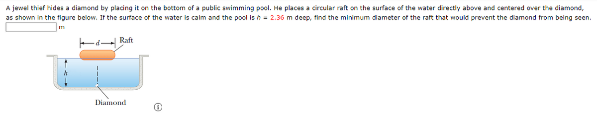A jewel thief hides a diamond by placing it on the bottom of a public swimming pool. He places a circular raft on the surface of the water directly above and centered over the diamond,
as shown in the figure below. If the surface of the water is calm and the pool is h = 2.36 m deep, find the minimum diameter of the raft that would prevent the diamond from being seen.
Raft
Diamond
